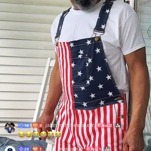 Bindefon Stretch American Flag Overalls Shorts Romper 4th of July Jumpsuits Work Bibs Coveralls Gifts for Men Labor Day Menswear