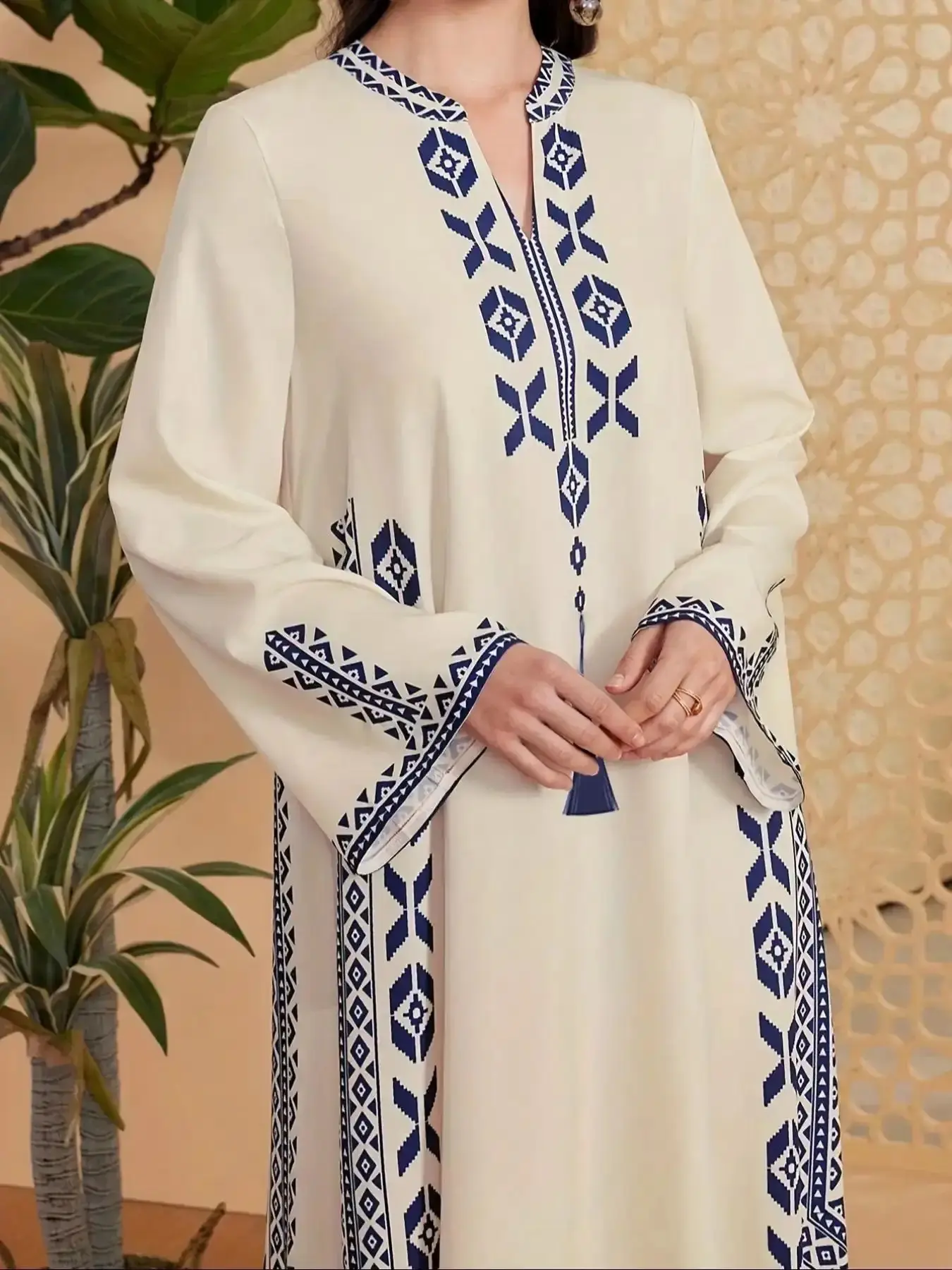 Sophisticated Elegant Women's Digital Print Dress Chic Look, Long Sleeve Fitted Modest Casual Ethnic Geometric Pattern Spring & Fall Fashion, No Zipper, Without Lining, Womenswear, Lady, Boho Style Easy Fit