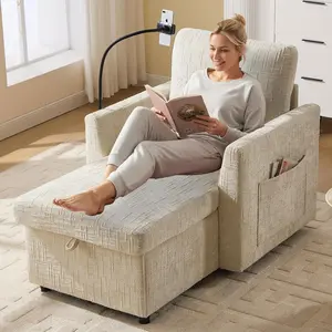 Chenille Sleeper Recliner Chair with Pull-Out Ottoman - Small Space Pull-Out Sofa Chair with Storage Compartment, Tufted Back Support | Suitable for living room and bedroom(Beige)