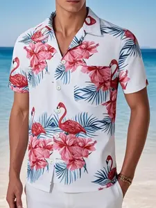 Men's Flamingo Tropical Floral Print Short Sleeve Casual Style Shirt, Breathable Lightweight Fabric, Cuban Collar Design, Loose Fit Casual Beachwear