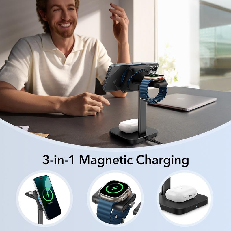 ESR for MagSafe Charger Stand, 3 in 1 Charging Station with CryoBoost, Phone-Cooling Wireless Charging, 15W MagSafe Stand, for iPhone 17/16/15/14/13/12, AirPods, Apple Watch