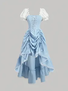 Blue Bubble Sleeve Dress, Multi-Purpose Party Dress, Square Neckline, Bow Front, Fitted Fall Wedding Gown, Elegant Evening Dress, Formal Wear