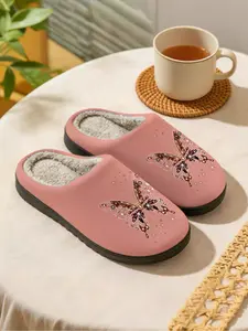 Sparkling Diamond Butterfly | Elegant & Dreamy 1 Pair Faux Fur Lined Non-Slip Cozy Warm Home Plush Slippers For Women (Lounging/Dressing Room/Bedroom/Living Room/Leisure) Autumn Winter Fluffy Home Slippers