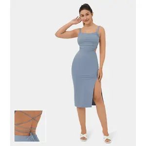 Halara Ruched Backless Crisscross Lace Up Split Bodycon Midi Casual Dress wedding