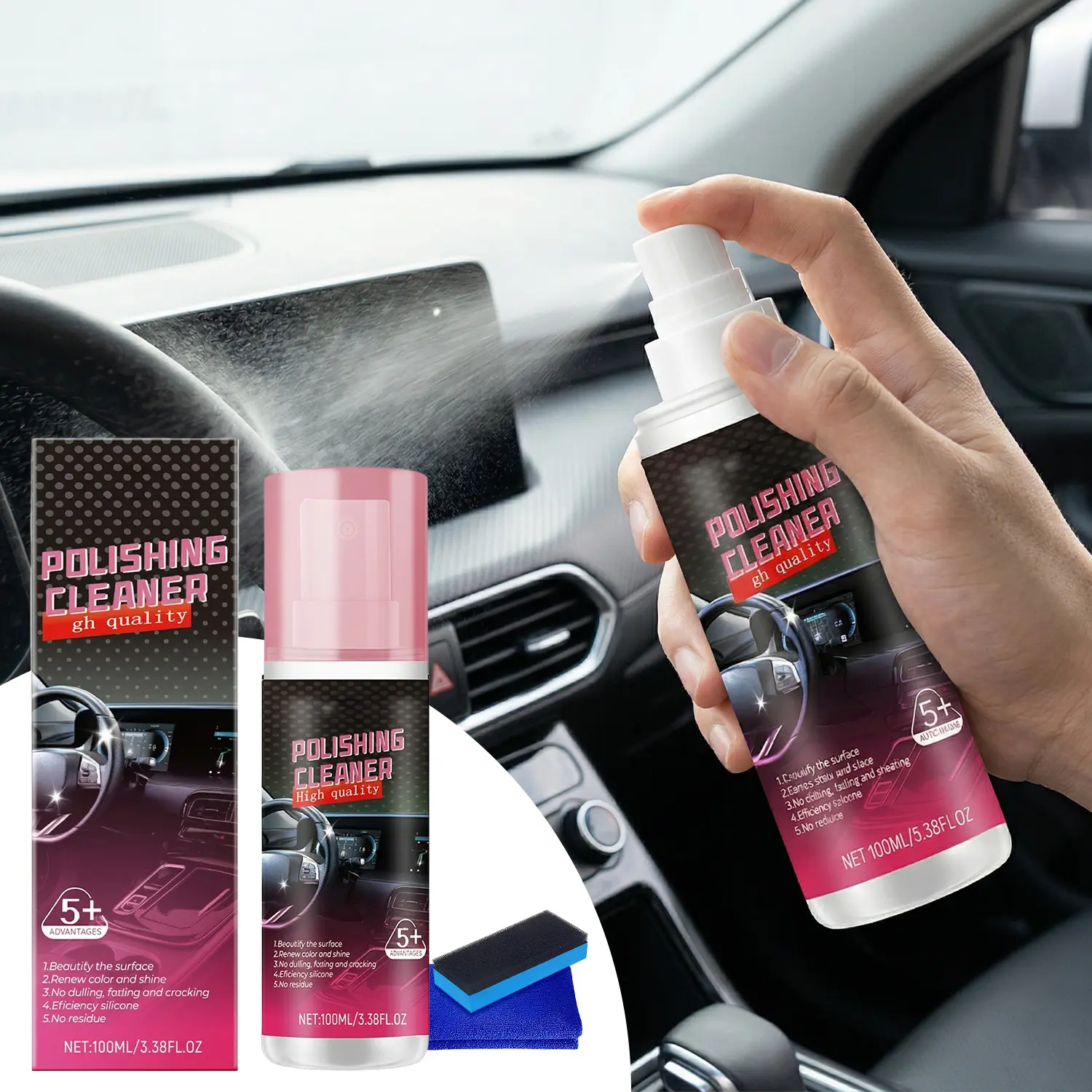 Car Cleaner & Polishing With Wool Felt Sponge Kit - Repels Dust & Staining,UV Guard, Anti-Aging, Exterior & Interior Car Detailer Spray, Professional Auto Detailing for Crystal Clear Windshield,100ML