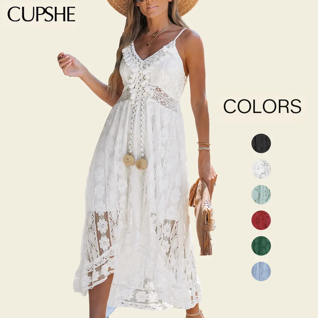 Cupshe Women's Ariya Ditsy Floral V-Neck Slip Dress, Sleeveless Casual Smocked Lace-Up Midi with Ruffled High Low Hem, Ditsy Floral Casual Dresses, Casual Wear