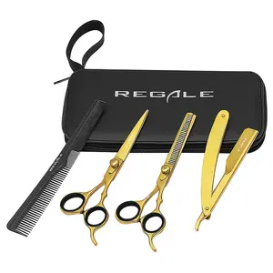 REGALE Gold Pro Barber Kit | 4-Piece Professional Set | Titanium Gold Scissors, Shears, Razor & Comb