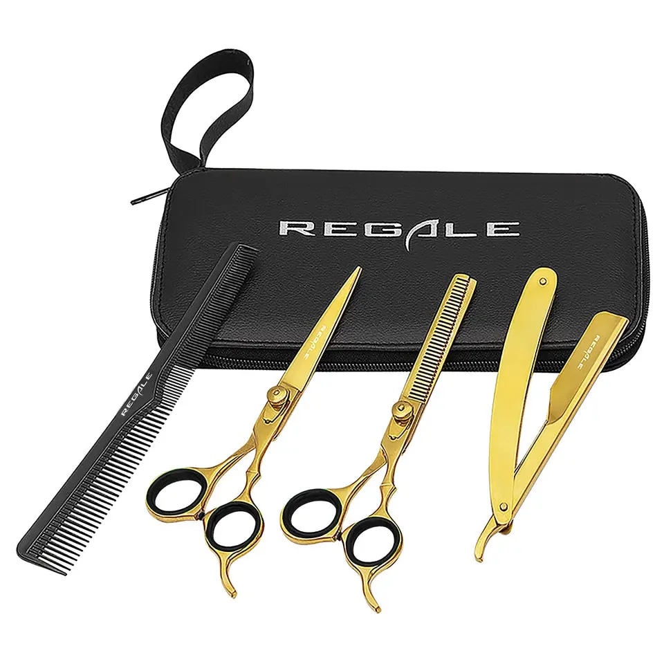 REGALE Gold Pro Barber Kit | 4-Piece Professional Set | Titanium Gold Scissors, Shears, Razor & Comb, Steel, Stainless Steel, Handle, Salon, Durable