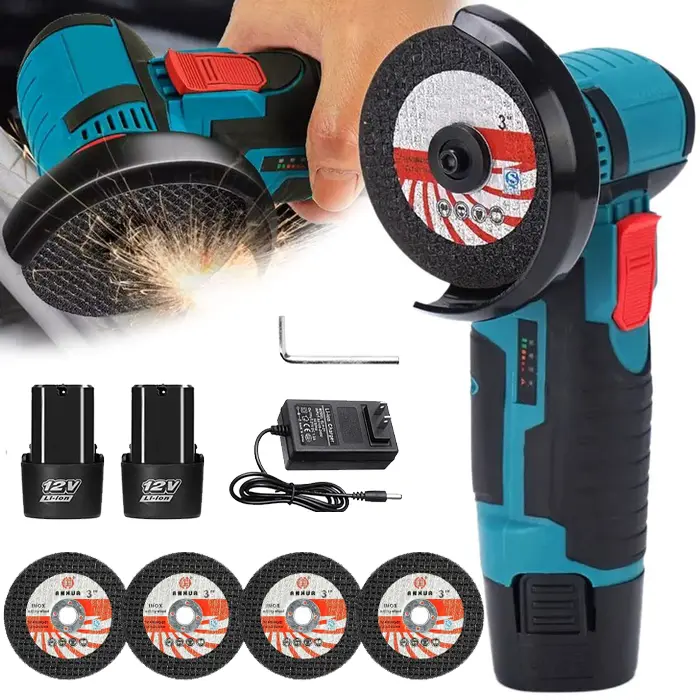 12V Cordless Mini Brushless Angle Grinder Kit with 4 Gutting Blades,2 pcs 12V 1300mAh Batteries 19500 RPM/Min,for Cutting Grinding Polishing Electric Heavy Duty Handle Power Tools