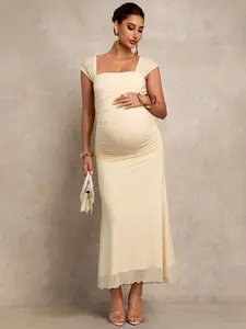 LAFERLIN Maternal Square Neck Ruched Fishtail Hem Elegant Robe Mob Wife Trend