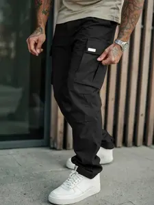 Men's Casual Cargo Pants, Wrinkled Design, Loose Fit Lightweight Sporty Style, Straight Leg Comfortable Daily Wear, Casual Pocket Pants