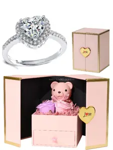 Elegant Heart Open Ring with Rose Bear Gift Box, Romantic Jewelry for Women, Christmas Birthday Valentine Mother's Day Gifts, High-Quality Jewelry