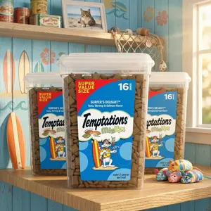 3 Packs Temptations MixUps Cat Treats Surfer’s Delight 16oz Tub – Tuna Shrimp Salmon Flavor, Crunchy Outside Soft Inside, High Protein Cat Snacks for Picky Cats & Training Rewards