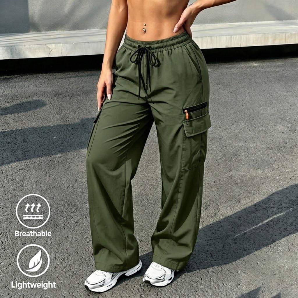 Women's All Season Lightweight Casual Cargo Bottoms Drawstring Waist, Solid Color, Minimalist Design, Faux Zip Detail Ideal for Outdoor Sports, Casual Street Wear