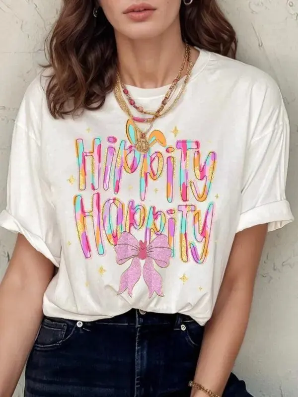 Women's Organic Cotton Classic Cut Crew Neck Short Sleeve T-Shirt with Bunny Ears, Easter Bunny Ears, Graphic Print