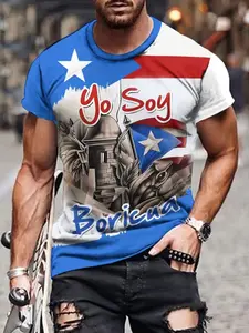 Men's Puerto Rican Theme 3D Printed Short Sleeve Shirt, Casual Fitted Long Top, All over Print, All Seasons