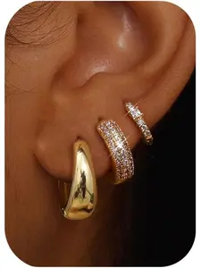 Women's 14k Rhinestone Hoop Earrings, Statement Earrings, Hypoallergenic & Non-Tarnish Design, 3-Pair Stackable Ear Cuffs for All Seasons