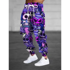 Men's 3D Evil Ice Cream Print Joggers - Stretchy Polyester, Casual, Drawstring & Pockets, Comfortable Sweatpants Fabric Menswear Knit Mixed Color