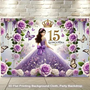 2D Flat, 2D Flat Printing Backdrop Banner 1pc, Quinceaera Themed Celebration Background Cloth, Vibrant Wall Hanging for Living Room, Bedroom, Office, or Party Decor, Party Backdrop