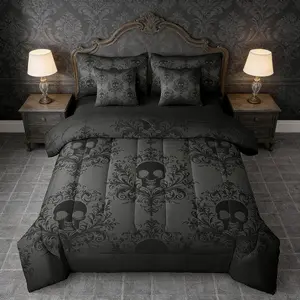 7pcs Black Gothic Skull Comforter Set King Size, Vintage Damask Floral Print Bedding Set, Antique Victorian Baroque Bed in A Bag with Comforter, Sheets and Pillowcases, Adult Room