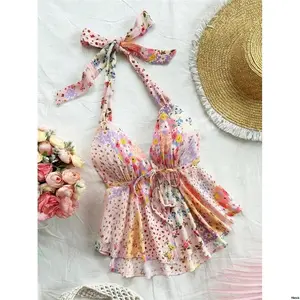 SoleiaWomen sVacationPatchworkFloralPrintHalterTiedKnottedBacklessCamiTop
