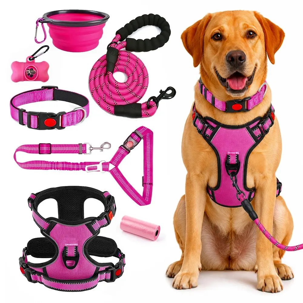 7 Pcs Dog Walking Set - L Size, Includes Harness, Leash, Collar, Bowl, Trash Bag and Poop Bag Dispenser,  For Medium Dogs, Complete Dog Essentials Kit, For Everyday Use, Long Walks or Training Sessions, Durable Nylon Construction