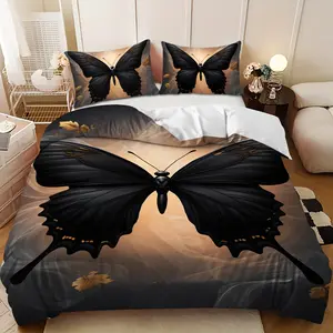 Bedding 3-piece set, Soft bedding sets - 3PCS Springtime Happy Black and Gold Butterfly and Autumn Leaf Design Down Comforter Set (1 comforter cover + 2 pillowcases, filling not included) Soft and comfortable, suitable for family bedrooms