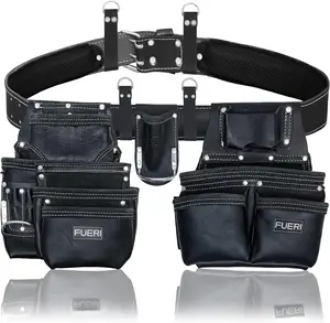 FUERI 19 Pocket Leather Tool Belt,Comes with Padded Belt, Big Pouches, Hammer Holder and Suspender loops, Ideal for Construction Workers, Carpenters and Electrician.