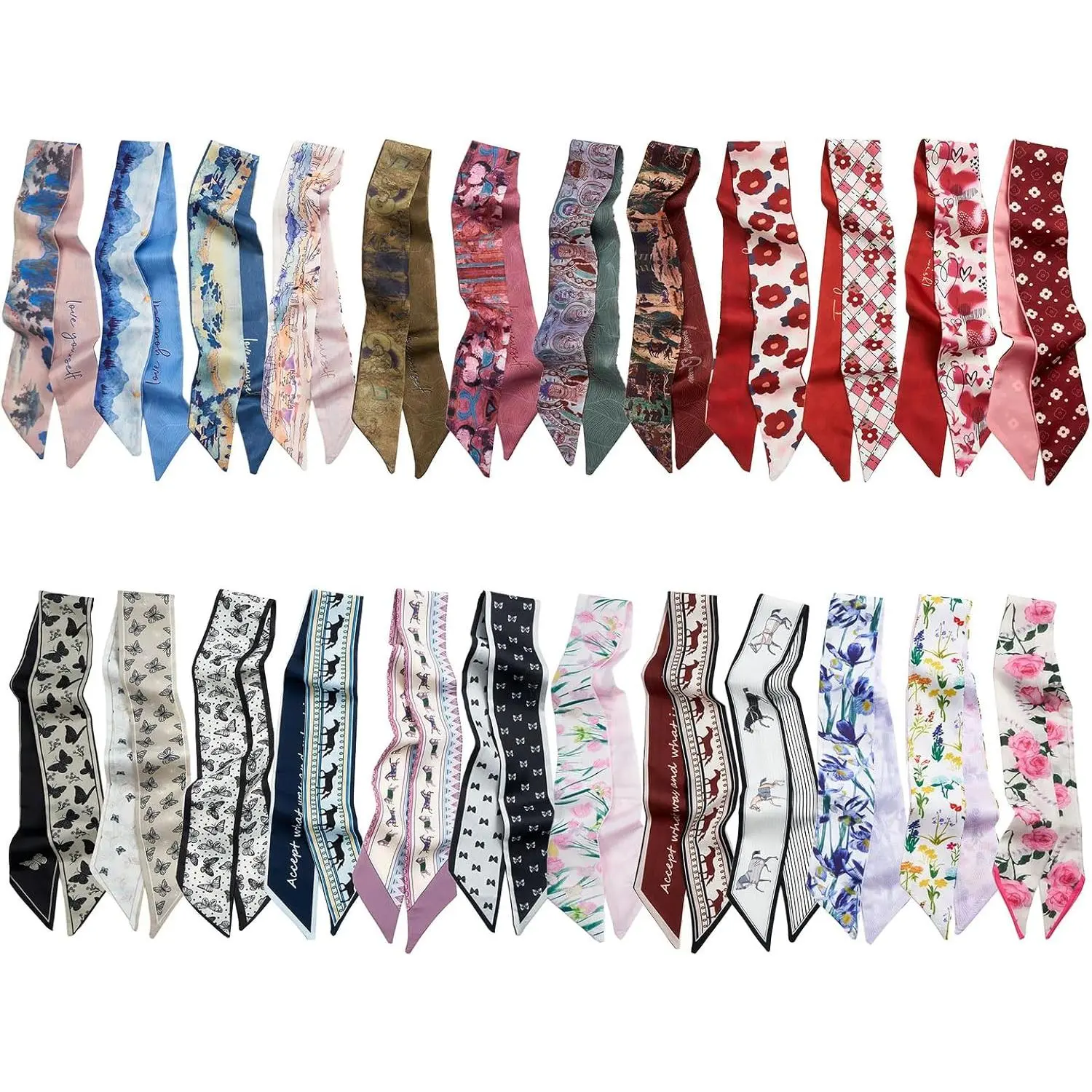 24PCS Fashion Scarf Set for Women,Satin Neckerchief, Tie Headbands,Purse Scarf for Bag Accessories