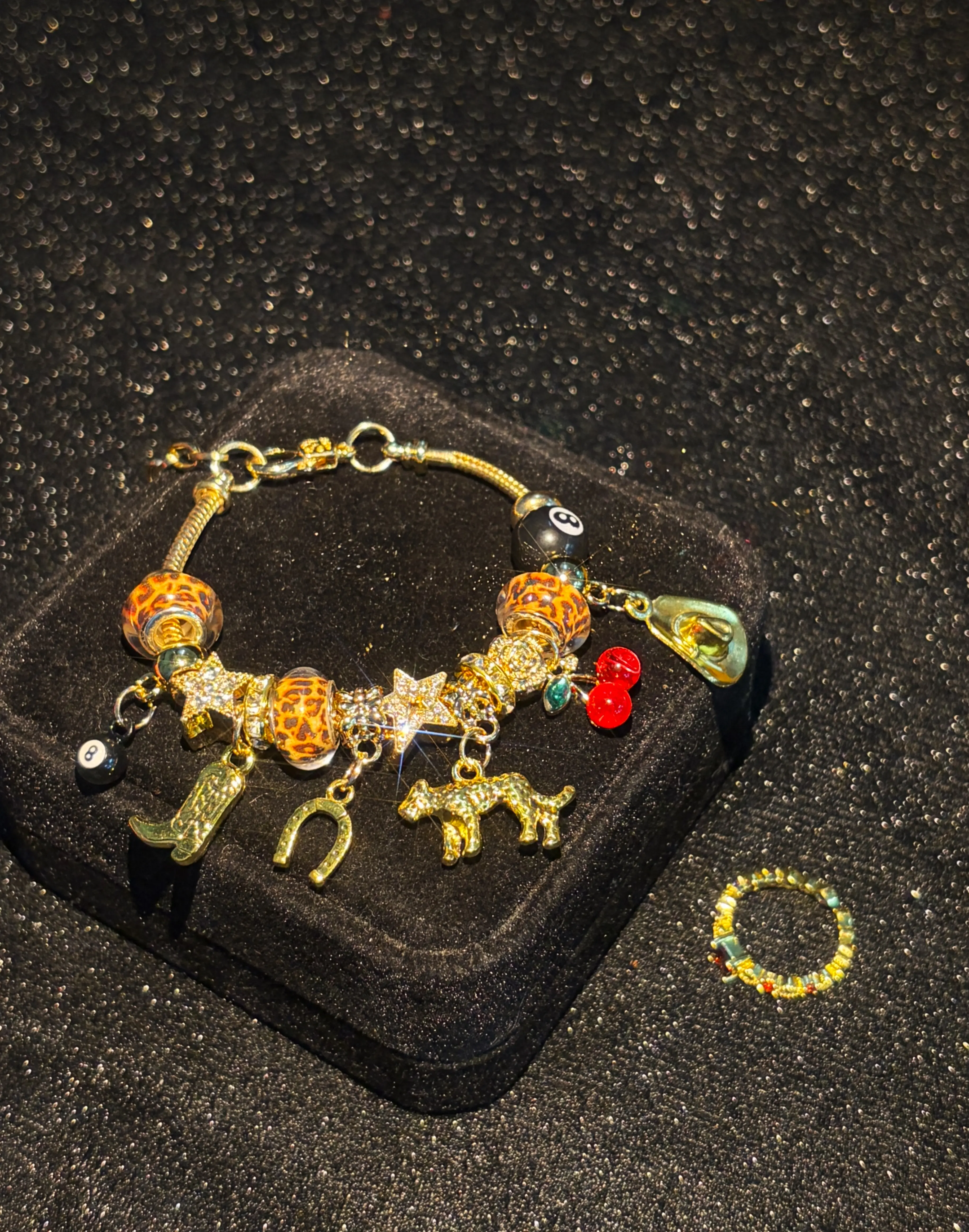 2-piece gold tone western charm bracelet & ring set, snake chain beaded bracelet with cowboy horse horseshoe charms, trendy women statement jewelry, birthday holiday gift for her