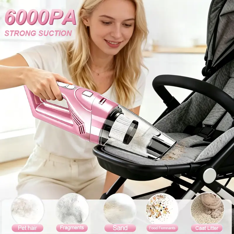 Pink Mini Handheld Car Vacuum Powerful 6000PA Suction Portable Vacuum Cleaner for Home Office Pet Litter Sand Food Debris