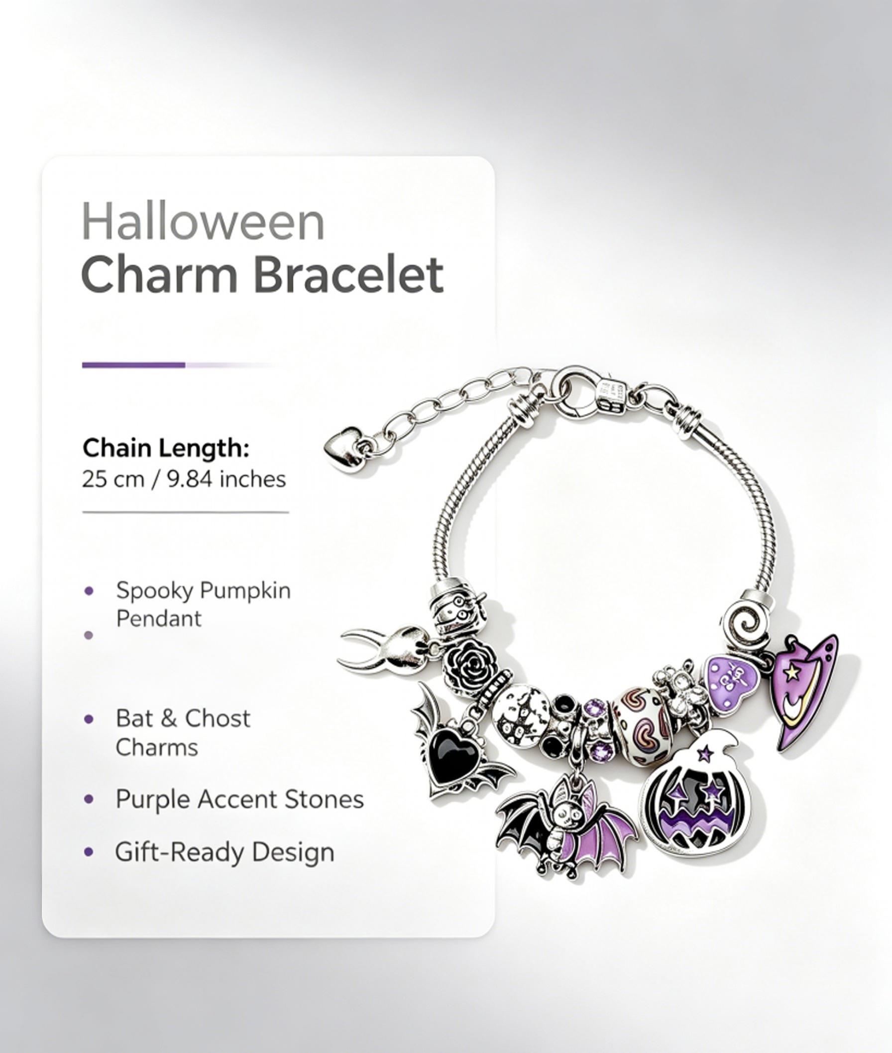 Gothic Halloween Bat & Pumpkin Charm Bracelet, Silver-Tone Snake Chain with Purple Enamel & Black Heart Beads, Edgy Jewelry for Women