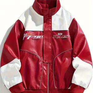 Men’s stylish PU leather jacket with letter print and color blocking, featuring a lapel collar; cool street-style retro classic racer jacket