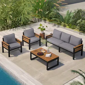 Aobtkel® GO 4-Piece Outdoor Patio Furniture Sofa Set for 5 People, Acacia Wood Armrests, Removable Cushions, Solid Wood Coffee Table, Grey Patio Conversation Set for Garden