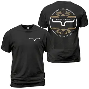 Kimes Ranch Aztec Bull Horn T-Shirt, Western Uncomplicated Back Print Tee, Official Trademark Ranch Graphic Shirt, Country Cowboy Style, Casual Cotton for Men and Women