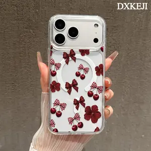 Magnetic Phone Case Supports Wireless Charging for iPhone 17 Pro Max 17 Air 11 12 13 14 15 16 Plus Pro Max Wine Red Cherry Bow Floral Pattern Non-Yellowing Shockproof Soft Silicone Transparent Acrylic Large Hole Cover