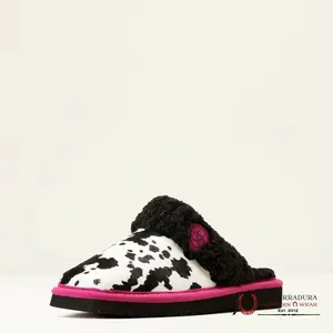 ARIAT Women's Square Toe Slip-On Jackie Exotic Cowhide Pink Black Genuine Suede Leather Soft Plush Acrylic Collar Superior Foam Cushioning Indoor Outdoor EVA Sole Classic Western Style Girl Shoe Walking Shoes Footwear