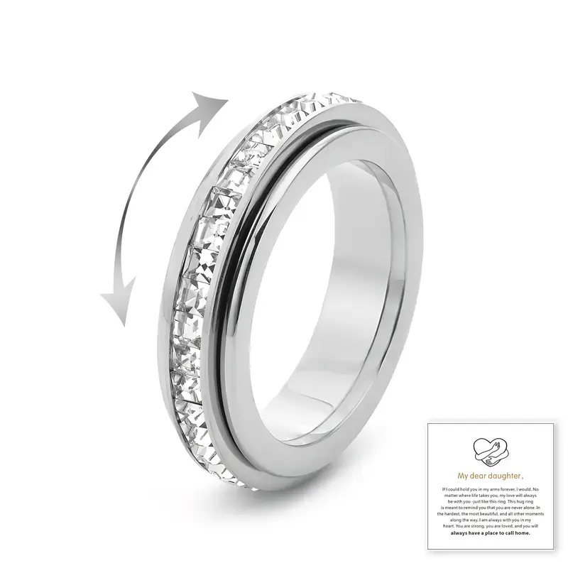 Titanium Steel Spinner Ring for Women & Men, Cubic Zirconia Fidget Band Ring, Comfort Fit Promise Ring, Fashion Jewelry