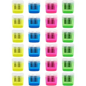 24 count Pencil Sharpener Manual, Assorted Color Small Dual Hole Pencil Sharpeners Bulk with Lid with Lid for  Office Home (Rectangle-24)