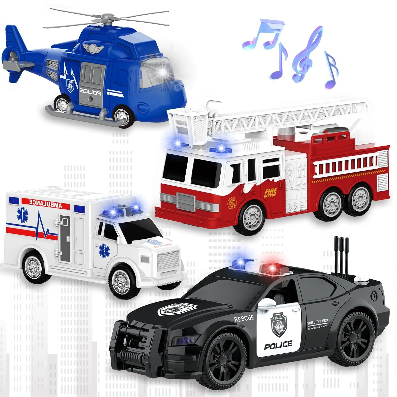 Friction-Powered Emergency Vehicle Toy Set - Fire Truck, Ambulance, Police Car, Helicopter with Lights & Sounds, Unisex Party Playmate, Birthday Gift for Kids