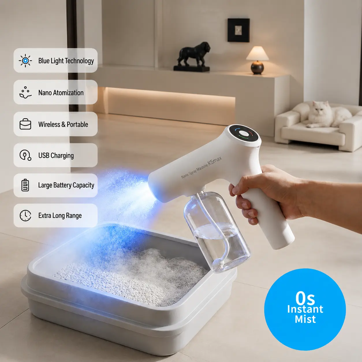 Blue Light Multi-purpose Spray Gun,Cordless Nano Sprayer,Refillable for Alcohol,Deodorizer,Blue Light Mist for Home, Car, Pet areas & outdoor,Liquid NOT Included