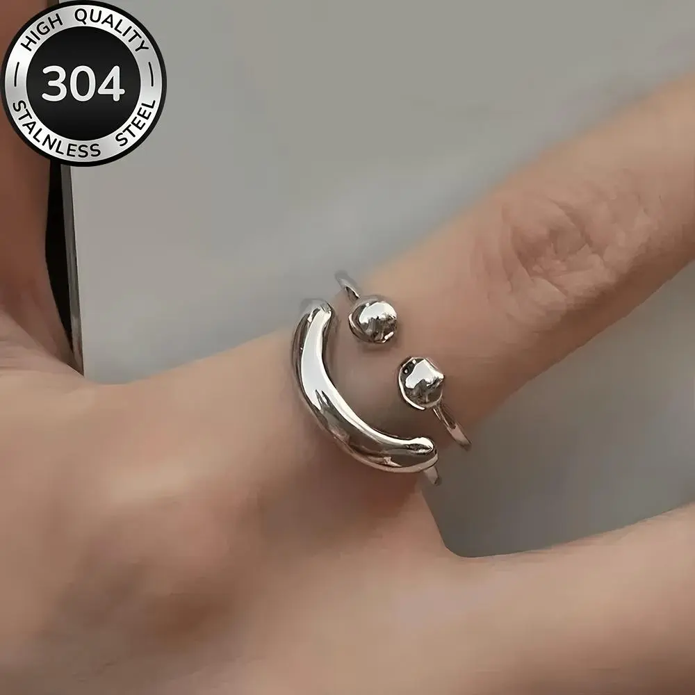 Women's Fun Smile Stainless Steel Open Ring - High-Quality, Low-Allergy, Golden, Adjustable, Anti-Fading, Simple Elegant Costume Jewelry for Daily Wear, Party, Exquisite Women's Gift