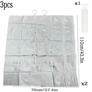 This product includes 4/2 reusable hanging vacuum compression bags, Space saving bag, and a manual vacuum pump. Available in various sizes, it is suitable for storing clothes, winter wear, and high-value garments. The transparent front and white