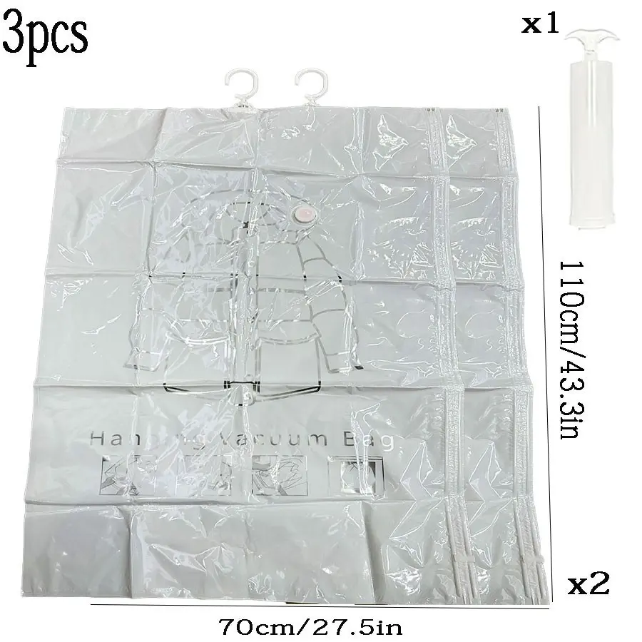 This product includes 4/2 reusable hanging vacuum compression bags, Space saving bag, Space Saver Compression, and a manual vacuum pump, Available in various sizes, suitable for storing clothes, The transparent front and white