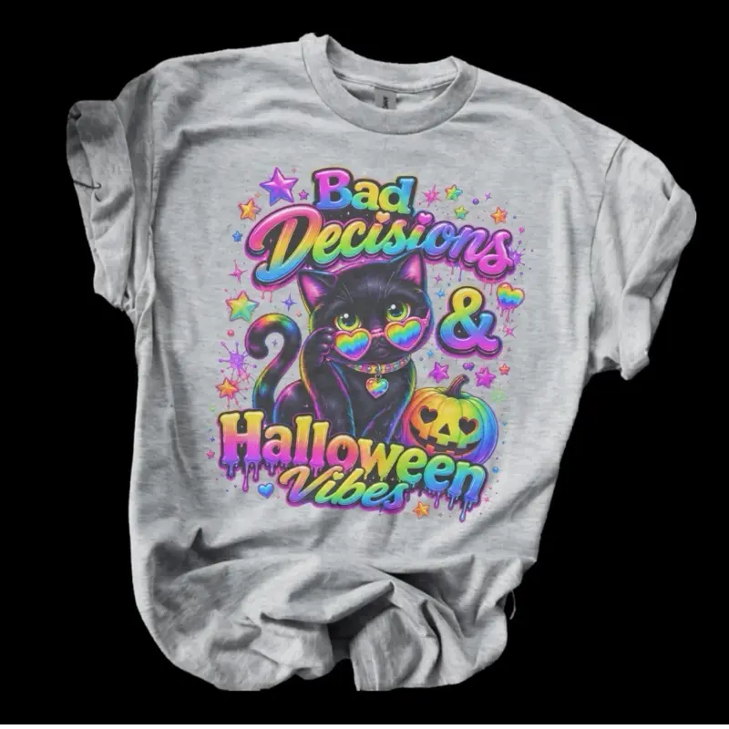 LF Designs - Bad Decisions and Halloween Vibes Bleached Shirt Comfy Unisex Jersey Top Casual Vintage Style Short Sleeve Crew Neck Medium Length