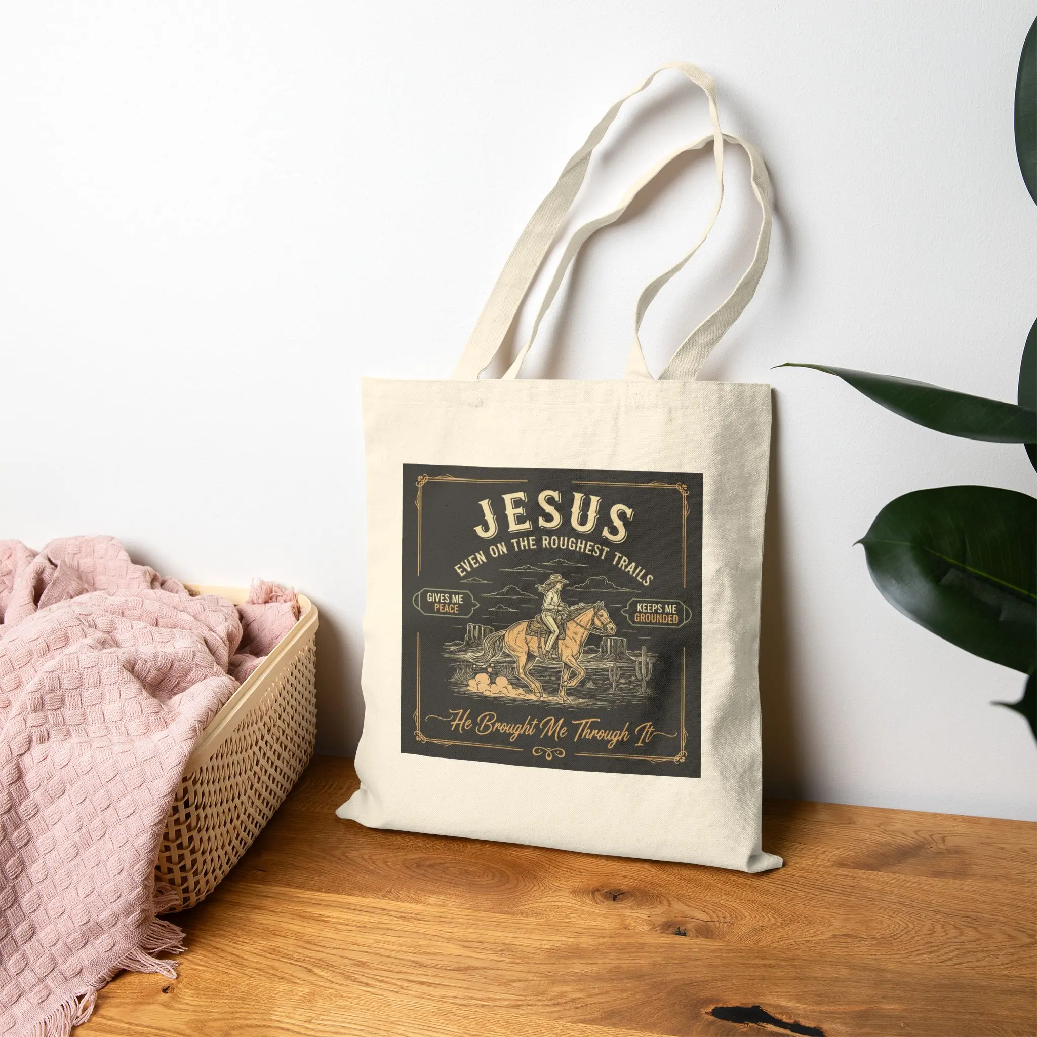 Women's Jesus Riding Donkey Graphic Tote Bag, Faith Christian Scripture Design, Casual Style, Double Handle, Ideal for Church Group Meetups, Cold Wash Compatible