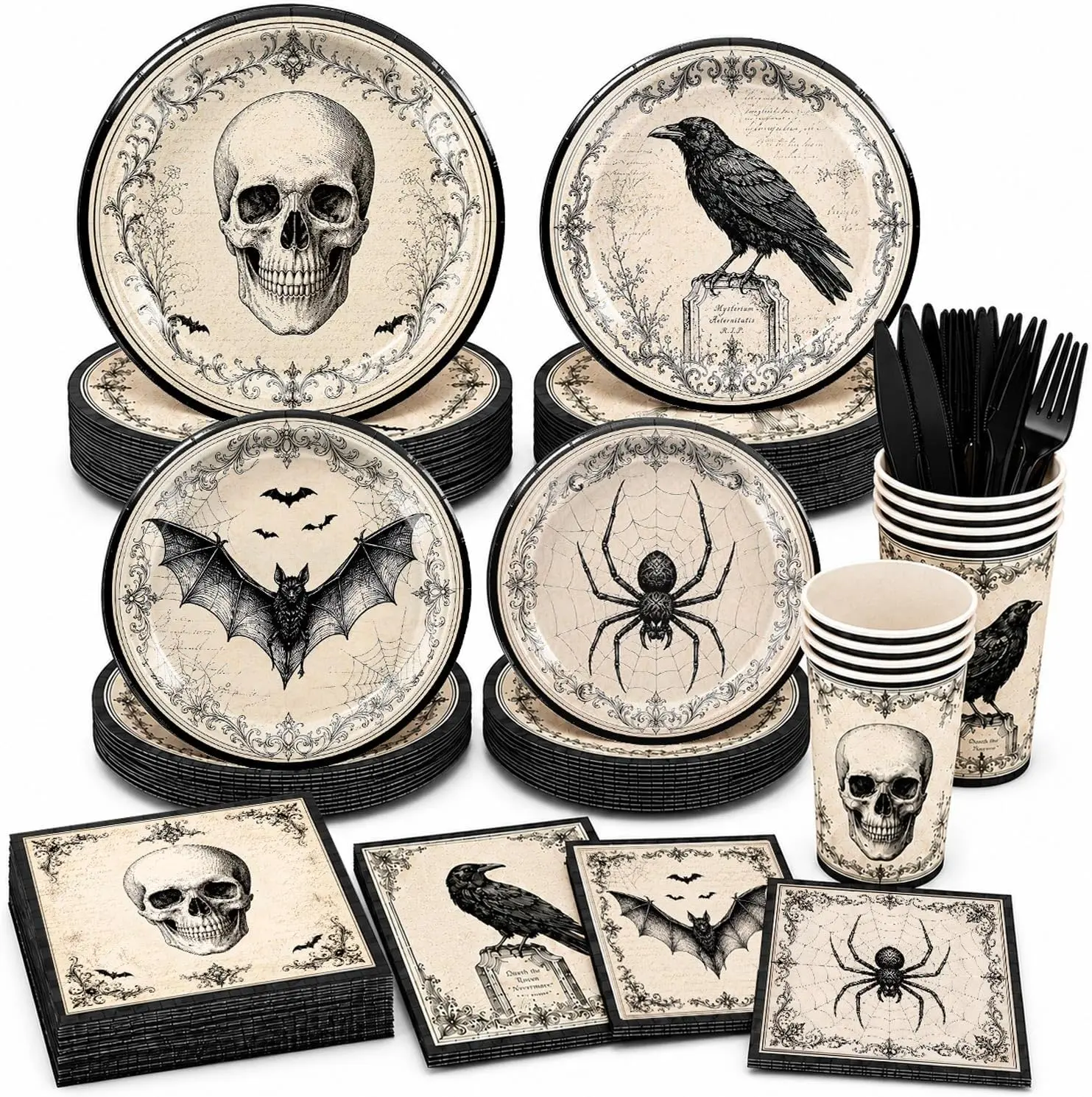 Halloween Party Supplies, Vintage Gothic Halloween Plates and Napkins with Cups, Knives and Forks, Skull Raven Bat Spider Halloween Party Plates for Halloween Birthday Party Decorations, Serves 24