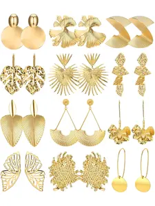 12 Pairs Gold Statement Earrings for Women Large Gold Geometric Earrings Punk Stylish Sectored Twisted Disc Leaf Flower Dangle Earring Jewelry for Women