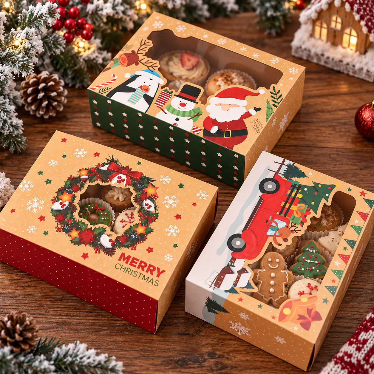 Rectangular Baked Goods Christmas Kraft Paper Gift Box with Transparent Window, 8.26x5.9x2.75in Holiday Treat Packaging for Bakery Party Favors