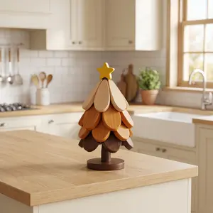 2026 Christmas Tree-shaped Trivet Set – heat‑resistant, includes 5 walnut wood trivets and 1 stand, stores like a Christmas tree. A foldable kitchen art piece, suitable for placing pots, bowls, and coffee mugs, and also as room decoration. tiktokshopsprin